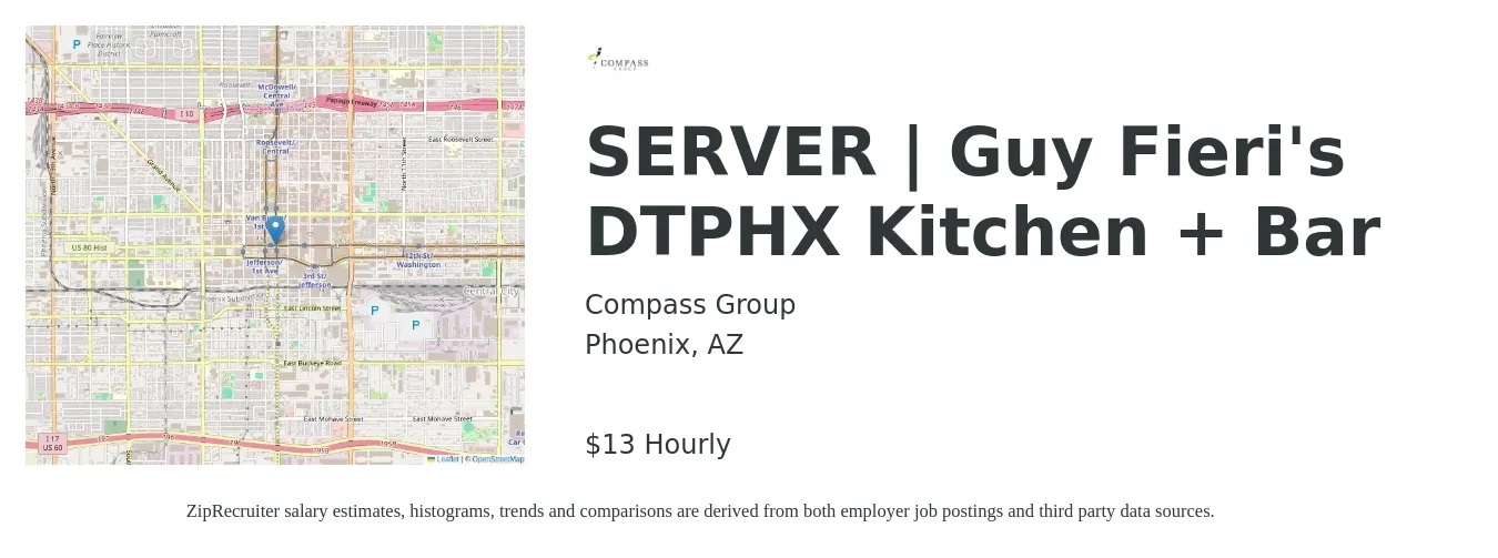 Compass Group job posting for a SERVER | Guy Fieri's DTPHX Kitchen + Bar in Phoenix, AZ with a salary of $14 Hourly with a map of Phoenix location.