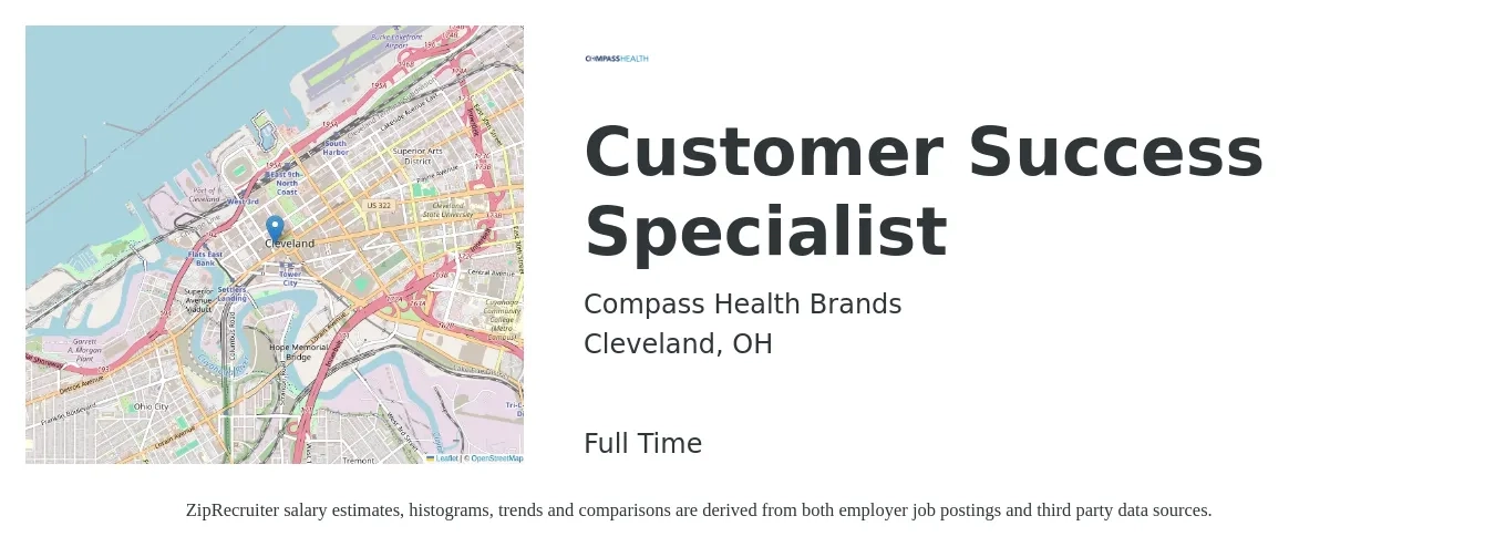 Compass Health Brands job posting for a Customer Success Specialist in Cleveland, OH with a salary of $18 to $25 Hourly with a map of Cleveland location.