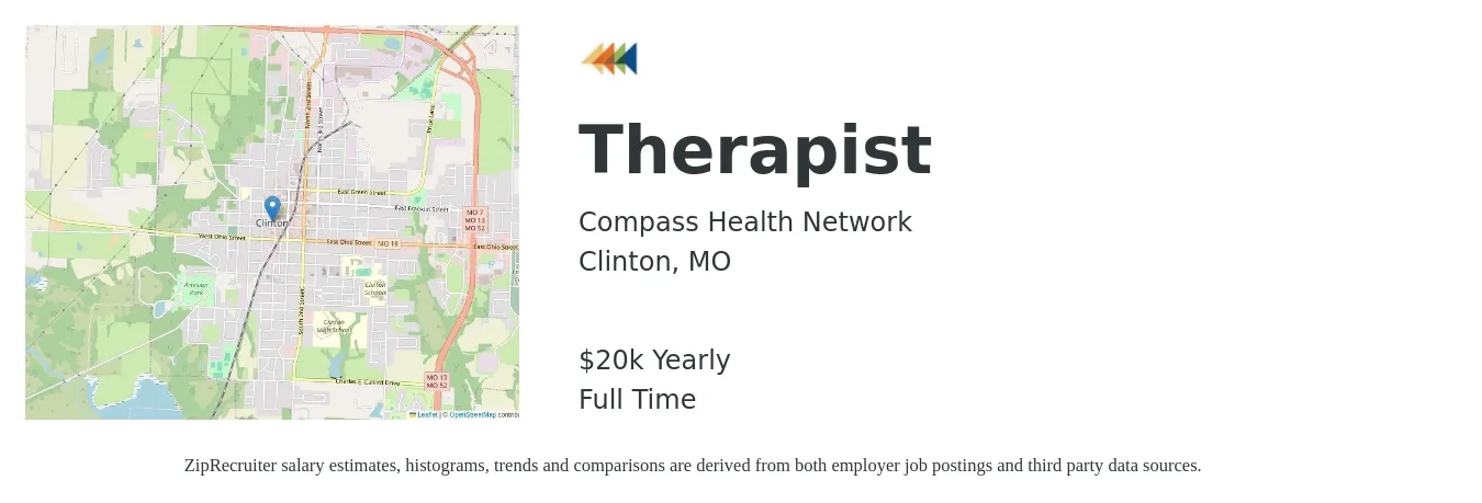 Compass Health Network job posting for a Therapist in Clinton, MO with a salary of $20,000 Yearly with a map of Clinton location.