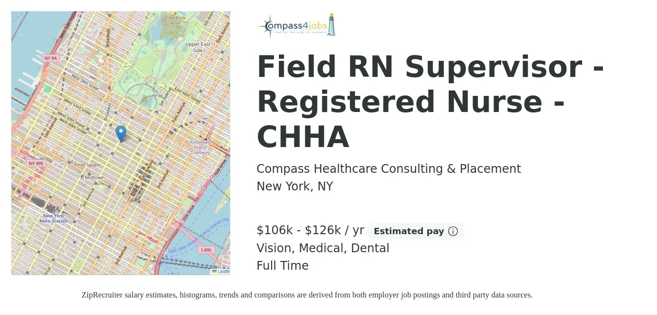 Compass Healthcare Consulting & Placement job posting for a Field RN Supervisor - Registered Nurse - CHHA in New York, NY with a salary of $106,000 to $126,000 Yearly and benefits including medical, vision, and dental with a map of New York location.