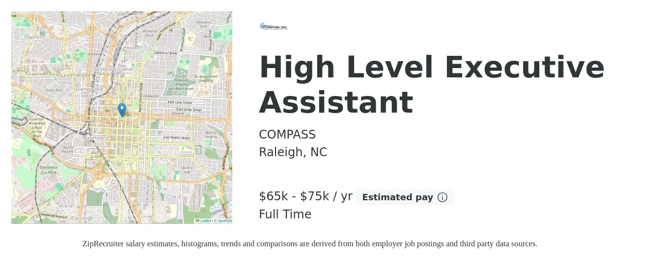 COMPASS job posting for a High Level Executive Assistant in Raleigh, NC with a salary of $65,000 to $75,000 Yearly with a map of Raleigh location.