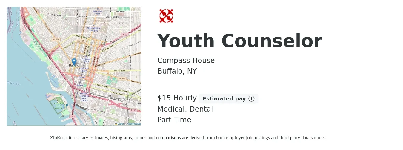 Compass House job posting for a Youth Counselor in Buffalo, NY with a salary of $16 Hourly and benefits including dental, and medical with a map of Buffalo location.