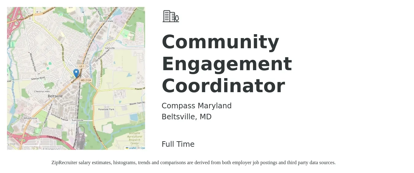Compass Maryland job posting for a Community Engagement Coordinator in Beltsville, MD with a salary of $60,000 to $65,000 Yearly with a map of Beltsville location.