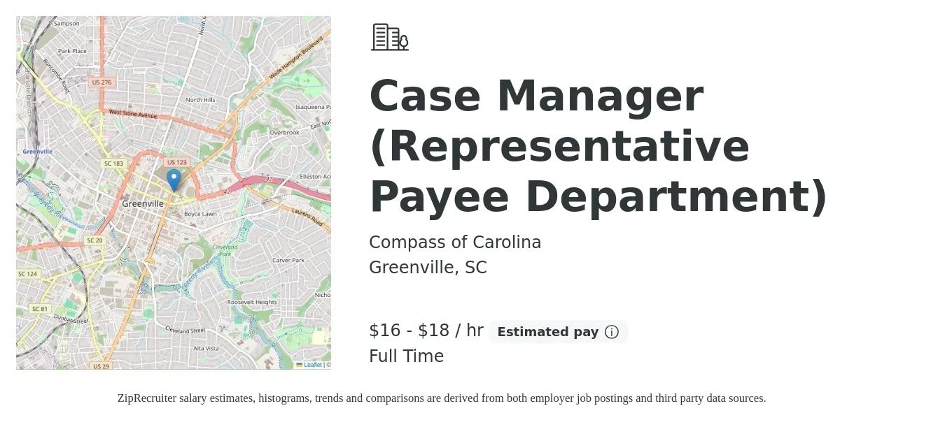 Compass of Carolina job posting for a Case Manager (Representative Payee Department) in Greenville, SC with a salary of $17 to $19 Hourly with a map of Greenville location.
