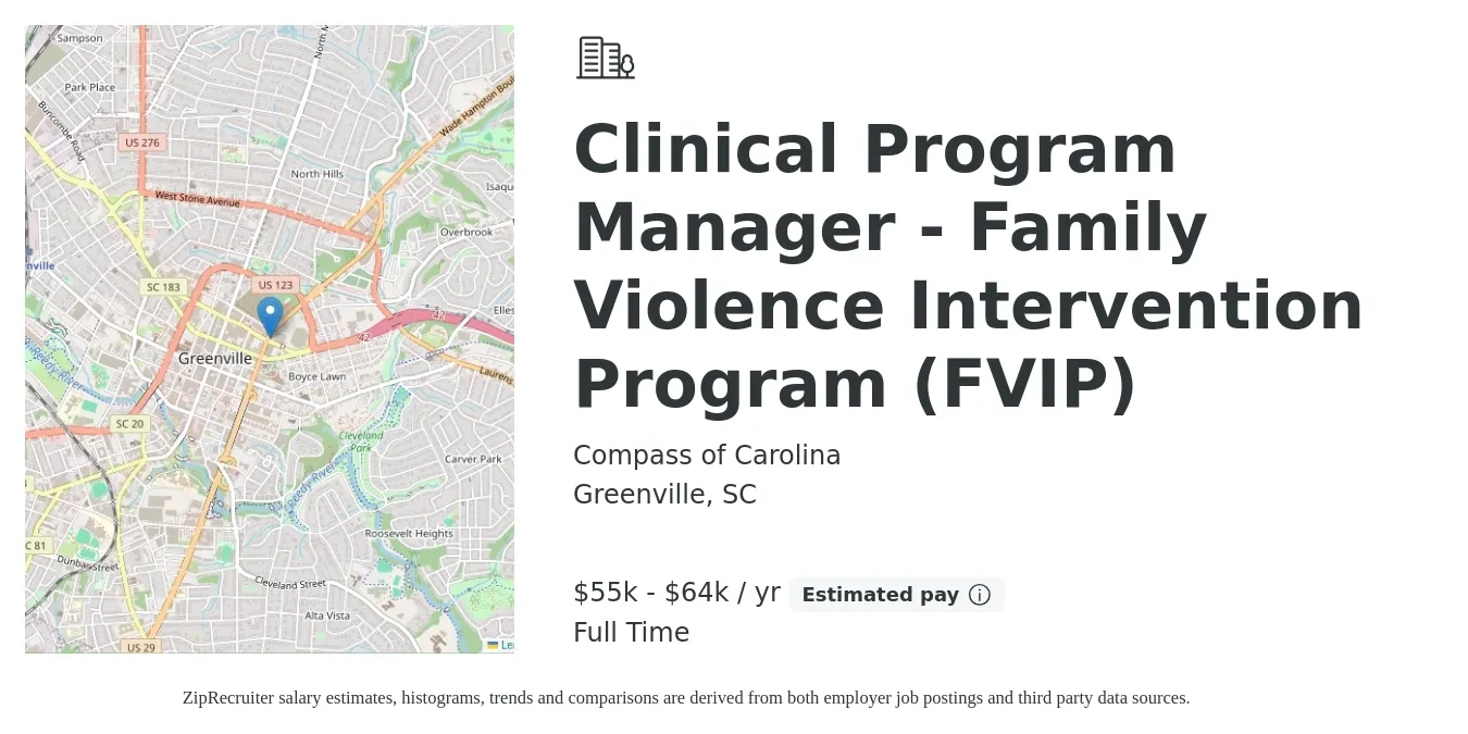 Compass of Carolina job posting for a Clinical Program Manager - Family Violence Intervention Program (FVIP) in Greenville, SC with a salary of $55,000 to $62,000 Yearly with a map of Greenville location.