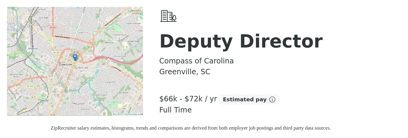 Compass of Carolina job posting for a Deputy Director in Greenville, SC with a salary of $66,000 to $72,000 Yearly with a map of Greenville location.