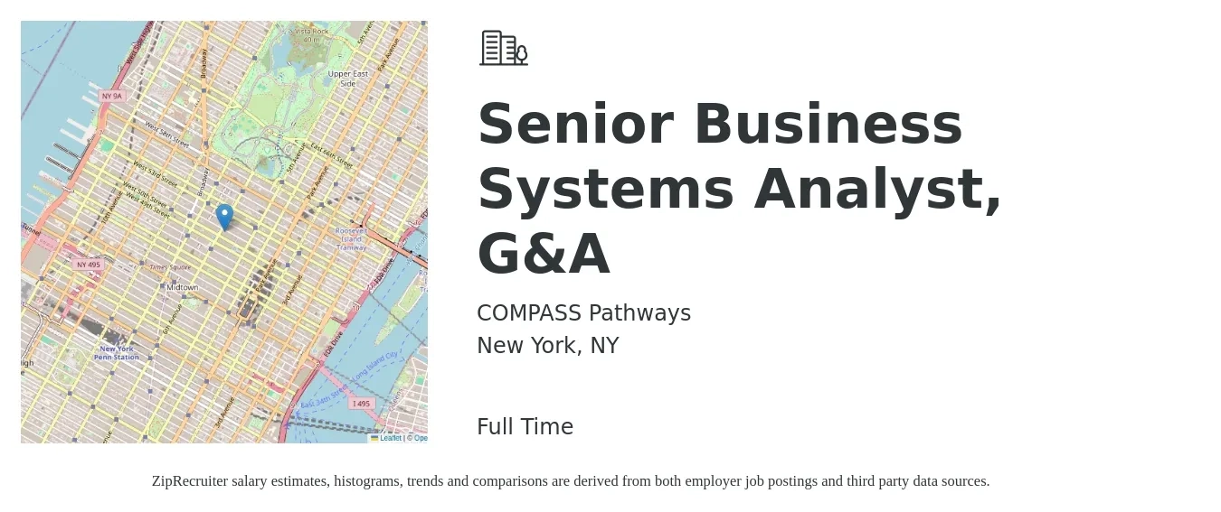 COMPASS Pathways job posting for a Senior Business Systems Analyst, G&A in New York, NY with a salary of $52 to $74 Hourly with a map of New York location.