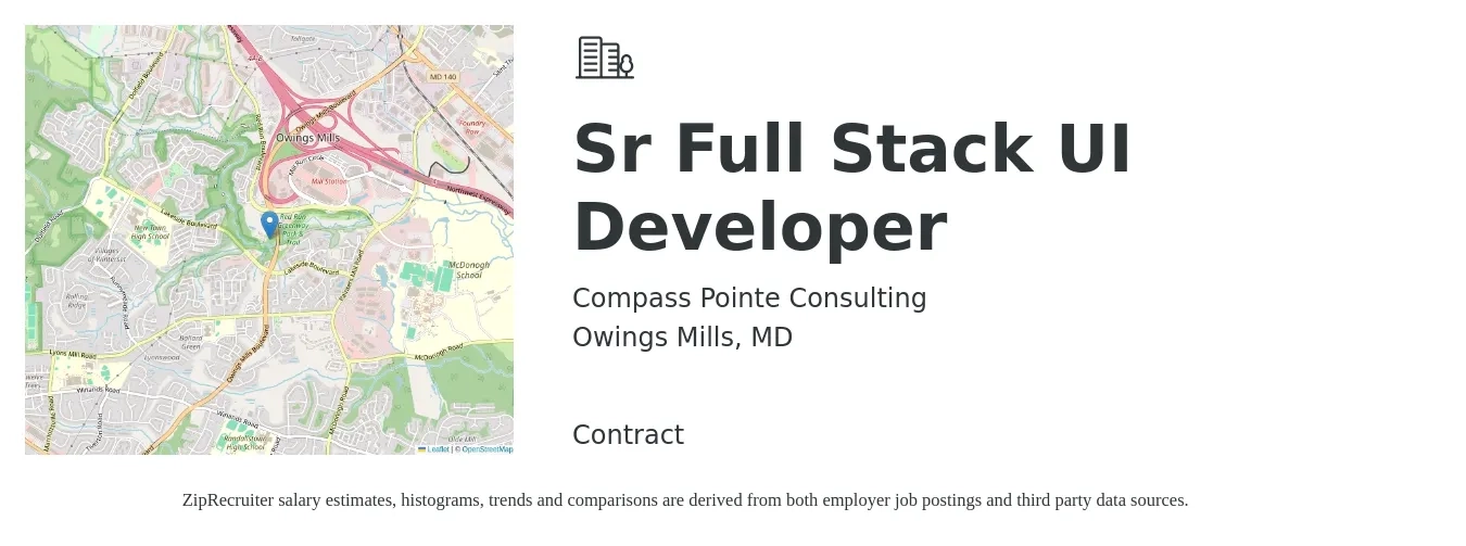 Compass Pointe Consulting job posting for a Sr Full Stack UI Developer in Owings Mills, MD with a salary of $49 to $68 Hourly with a map of Owings Mills location.