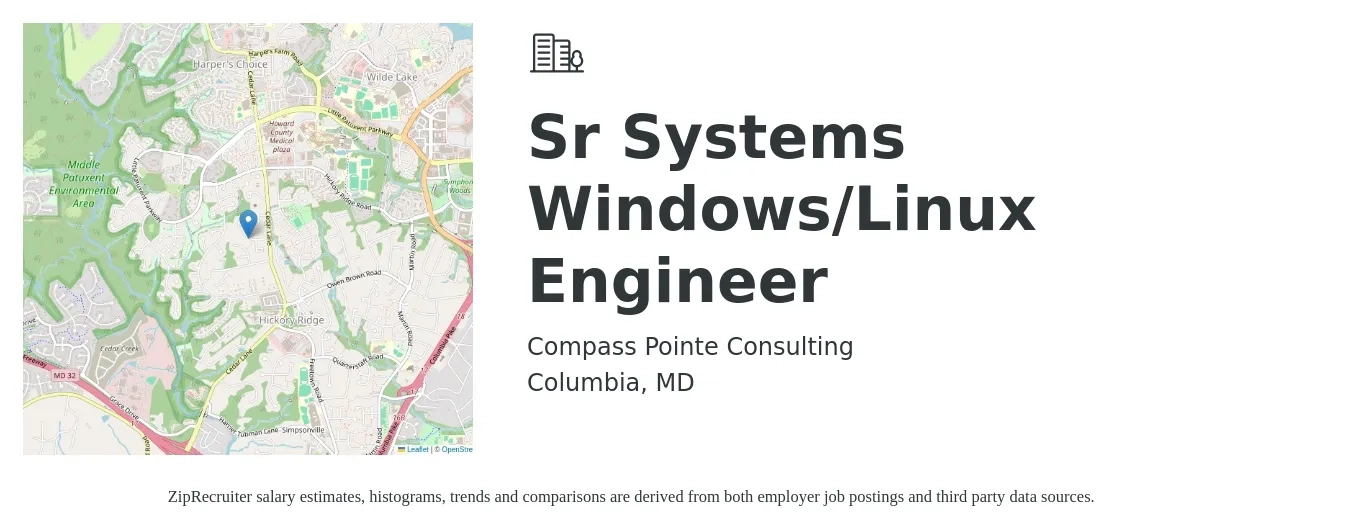 Compass Pointe Consulting job posting for a Sr Systems Windows/Linux Engineer in Columbia, MD with a salary of $101,800 to $139,300 Yearly with a map of Columbia location.
