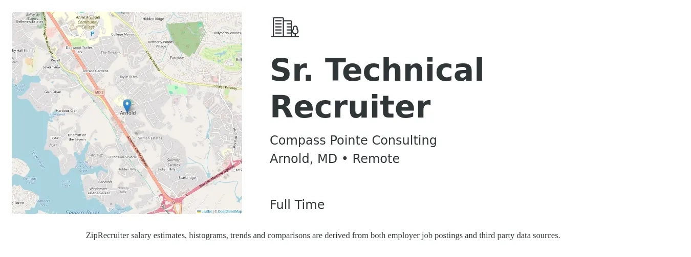 Compass Pointe Consulting job posting for a Sr. Technical Recruiter in Arnold, MD with a salary of $77,100 to $123,400 Yearly with a map of Arnold location.