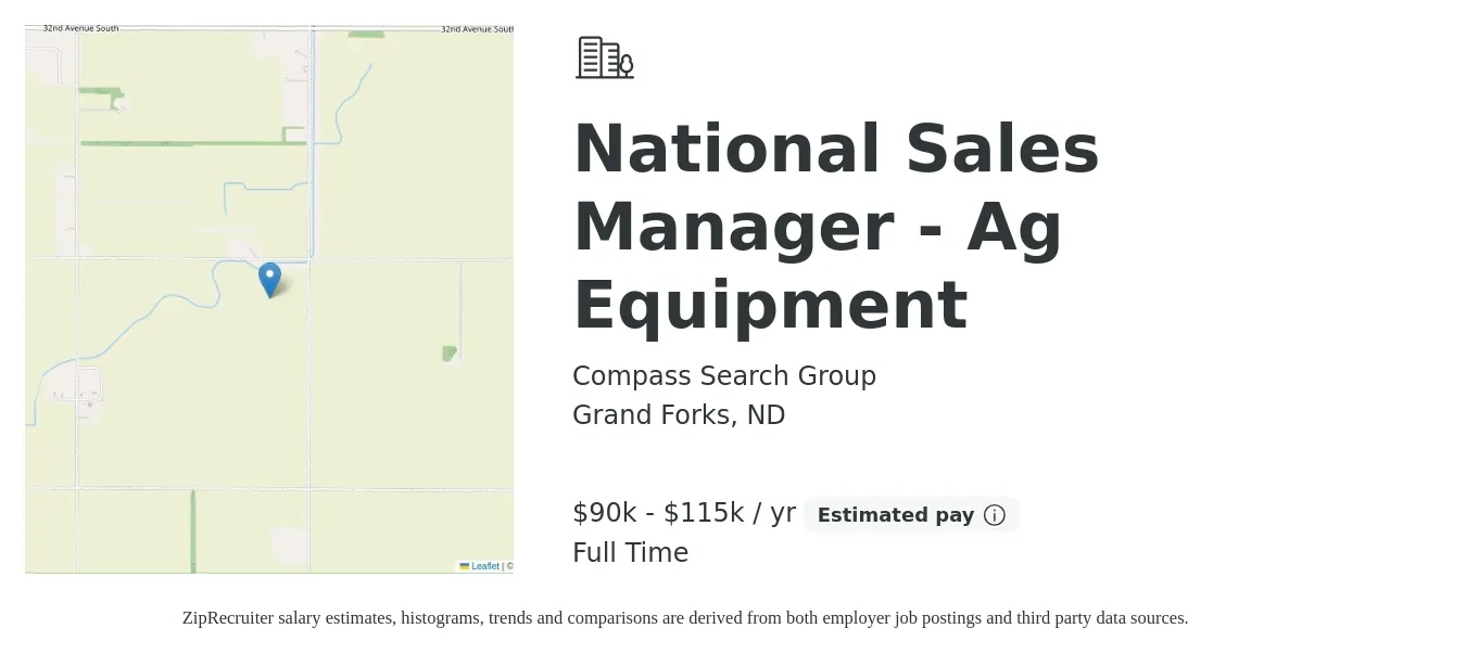 Compass Search Group job posting for a National Sales Manager - Ag Equipment in Grand Forks, ND with a salary of $90,000 to $115,000 Yearly with a map of Grand Forks location.