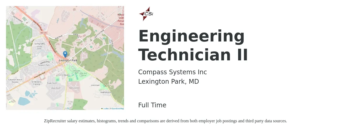 Compass Systems Inc job posting for a Engineering Technician II in Lexington Park, MD with a salary of $45,600 to $69,900 Yearly with a map of Lexington Park location.