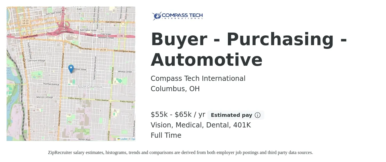 Compass Tech International job posting for a Buyer - Purchasing - Automotive in Columbus, OH with a salary of $55,000 to $65,000 Yearly and benefits including medical, vision, 401k, and dental with a map of Columbus location.