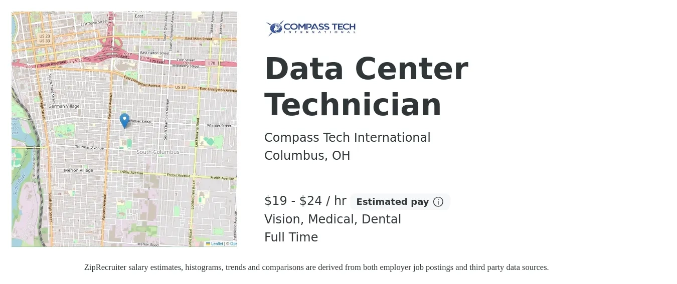 Compass Tech International job posting for a Data Center Technician in Columbus, OH with a salary of $20 to $25 Hourly and benefits including medical, pto, vision, and dental with a map of Columbus location.
