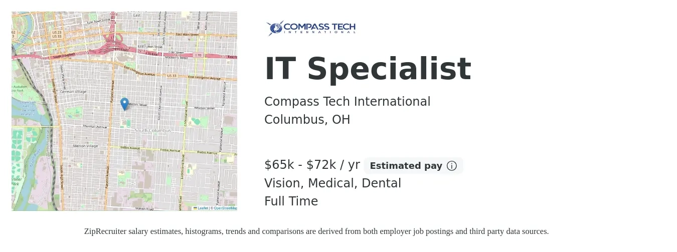 Compass Tech International job posting for a IT Specialist in Columbus, OH with a salary of $65,000 to $72,000 Yearly and benefits including dental, medical, pto, and vision with a map of Columbus location.