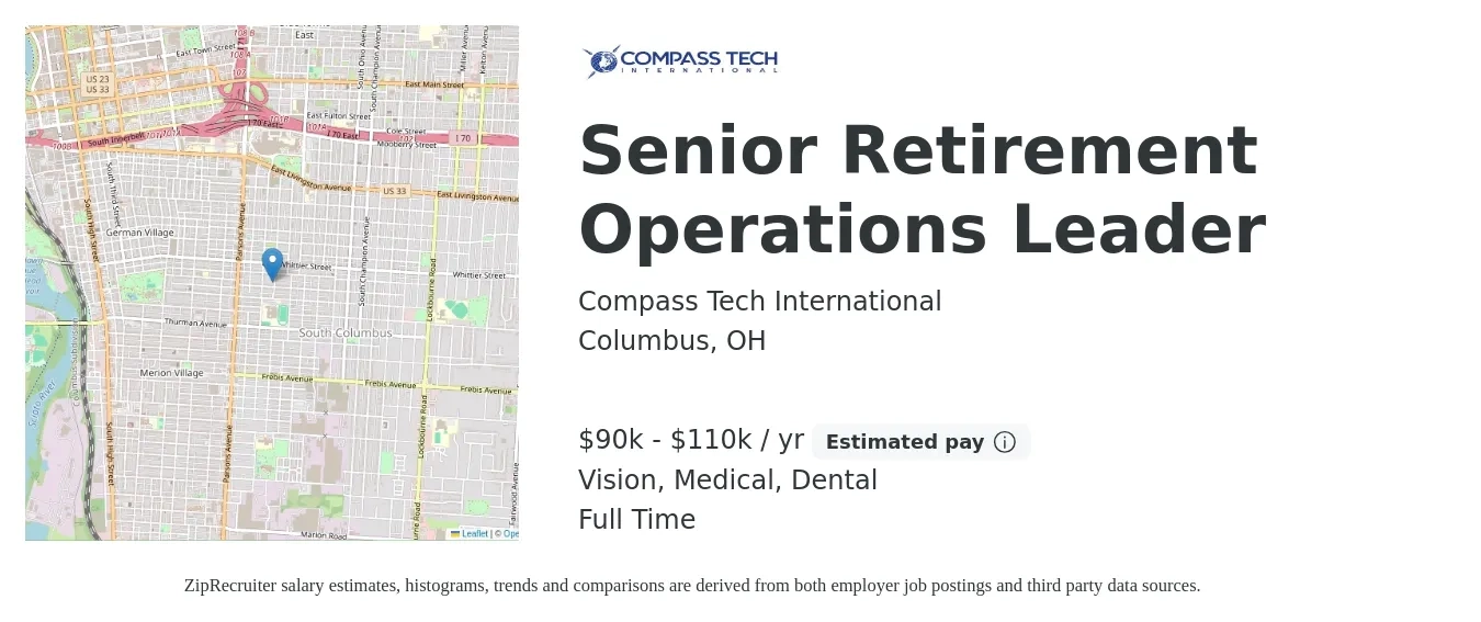 Compass Tech International job posting for a Senior Retirement Operations Leader in Columbus, OH with a salary of $90,000 to $110,000 Yearly and benefits including vision, dental, life_insurance, medical, pto, and retirement with a map of Columbus location.