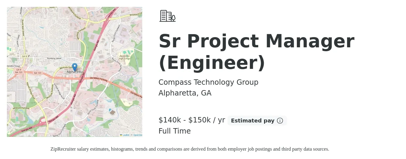 Compass Technology Group job posting for a Sr Project Manager (Engineer) in Alpharetta, GA with a salary of $140,000 to $150,000 Yearly with a map of Alpharetta location.
