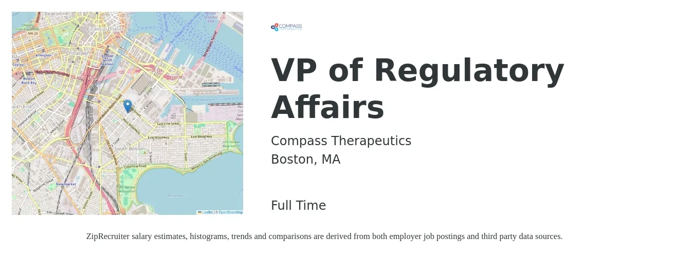 Compass Therapeutics job posting for a VP of Regulatory Affairs in Boston, MA with a salary of $163,000 to $215,100 Yearly with a map of Boston location.