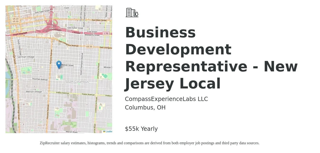 CompassExperienceLabs, LLC job posting for a Business Development Representative - New Jersey Local in Columbus, OH with a salary of $55,000 Yearly with a map of Columbus location.