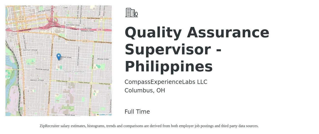CompassExperienceLabs LLC job posting for a Quality Assurance Supervisor - Philippines in Columbus, OH with a salary of $80,200 to $139,600 Yearly with a map of Columbus location.