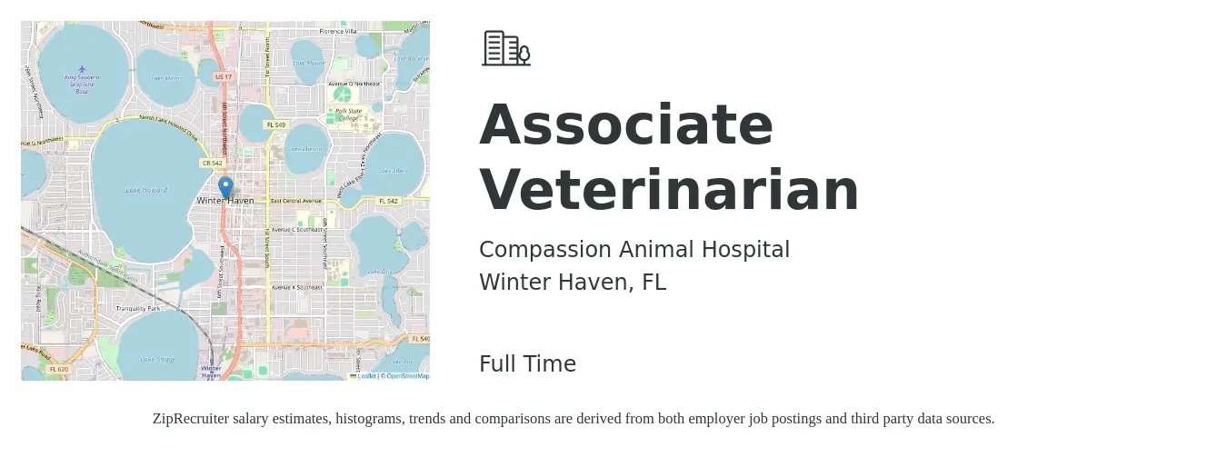 Compassion Animal Hospital job posting for a Associate Veterinarian in Winter Haven, FL with a salary of $89,600 to $144,700 Yearly with a map of Winter Haven location.