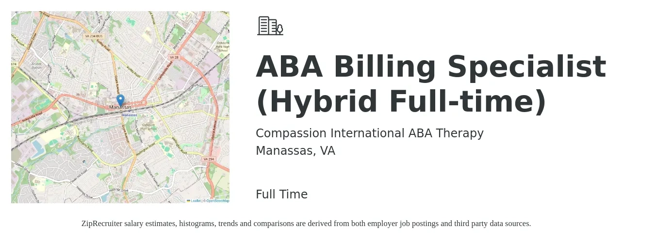 Compassion International ABA Therapy job posting for a ABA Billing Specialist (Hybrid Full-time) in Manassas, VA with a salary of $18 to $24 Hourly with a map of Manassas location.