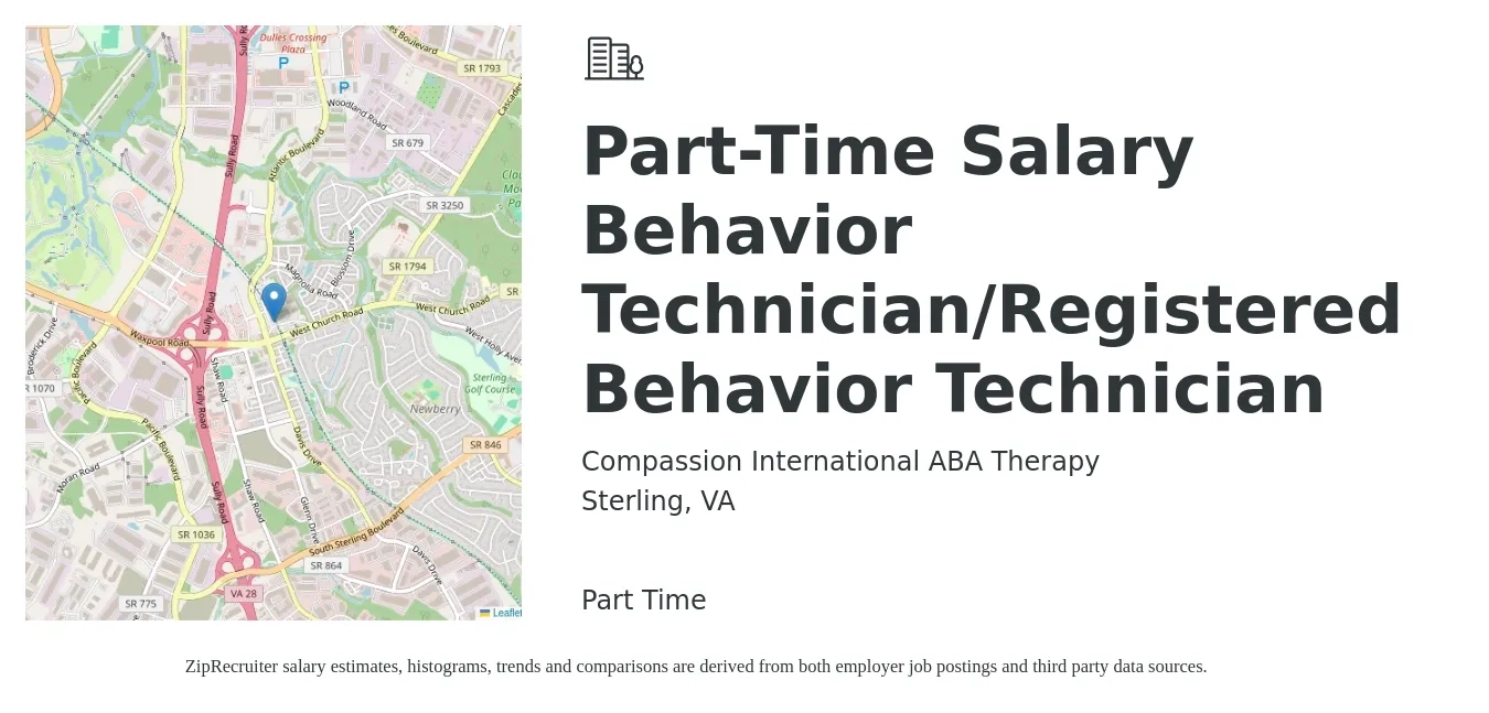Compassion International ABA Therapy job posting for a Part-Time Salary Behavior Technician/Registered Behavior Technician in Sterling, VA with a salary of $18 to $24 Hourly with a map of Sterling location.