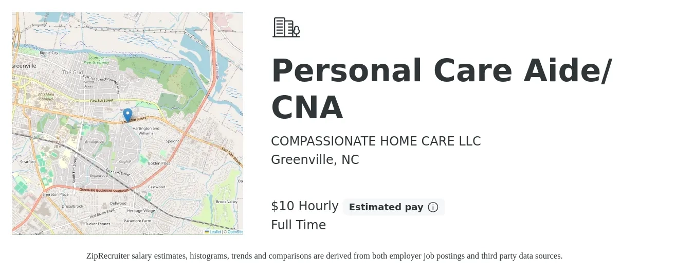 COMPASSIONATE HOME CARE LLC job posting for a Personal Care Aide/ CNA in Greenville, NC with a salary of $11 Hourly with a map of Greenville location.