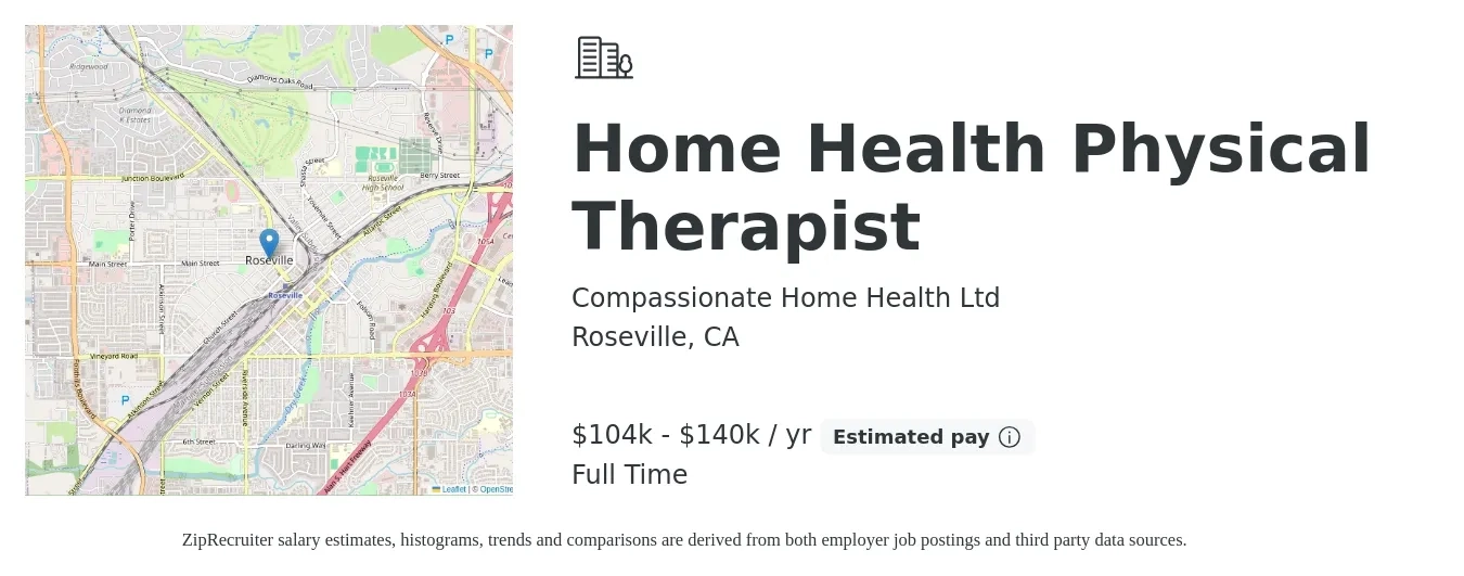 Compassionate Home Health Ltd job posting for a Home Health Physical Therapist in Roseville, CA with a salary of $104,280 to $140,000 Yearly with a map of Roseville location.