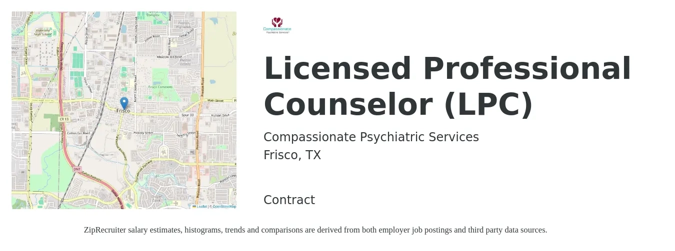 Compassionate Psychiatric Services job posting for a Licensed Professional Counselor (LPC) in Frisco, TX with a salary of $54,800 to $74,900 Yearly with a map of Frisco location.