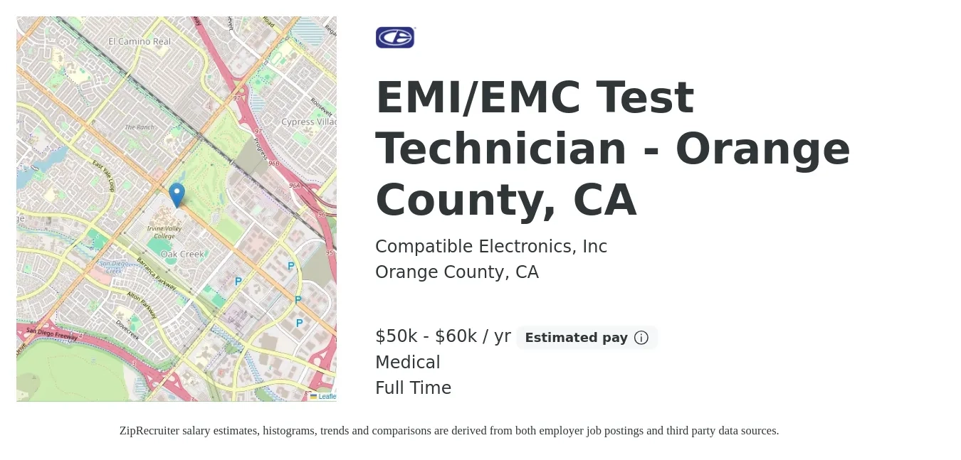 Compatible Electronics, Inc job posting for a EMI/EMC Test Technician - Orange County, CA in Orange County, CA with a salary of $50,000 to $60,000 Yearly and benefits including retirement, and medical with a map of Orange County location.