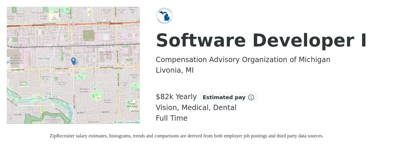 Compensation Advisory Organization of Michigan job posting for a Software Developer I in Livonia, MI with a salary of $82,000 Yearly and benefits including dental, life_insurance, medical, pto, retirement, and vision with a map of Livonia location.