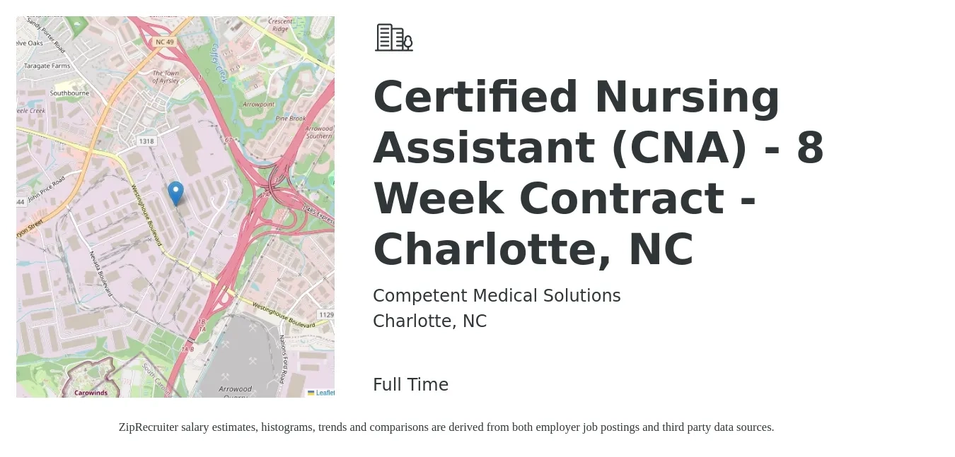 Competent Medical Solutions job posting for a Certified Nursing Assistant (CNA) - 8 Week Contract - Charlotte, NC in Charlotte, NC with a salary of $23 to $25 Hourly with a map of Charlotte location.