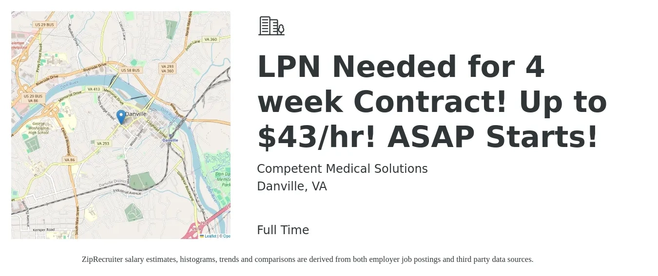 Competent Medical Solutions job posting for a LPN Needed for 4 week Contract! Up to $43/hr! ASAP Starts! in Danville, VA with a salary of $38 to $45 Hourly with a map of Danville location.
