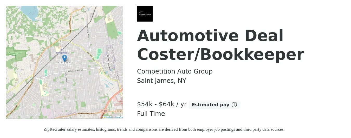 Competition Auto Group job posting for a Automotive Deal Coster/Bookkeeper in Saint James, NY with a salary of $54,000 to $64,000 Yearly with a map of Saint James location.