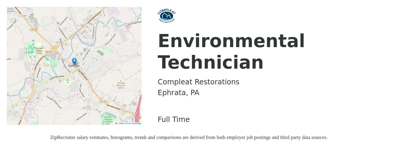 Compleat Restorations job posting for a Environmental Technician in Ephrata, PA with a salary of $18 to $26 Hourly with a map of Ephrata location.