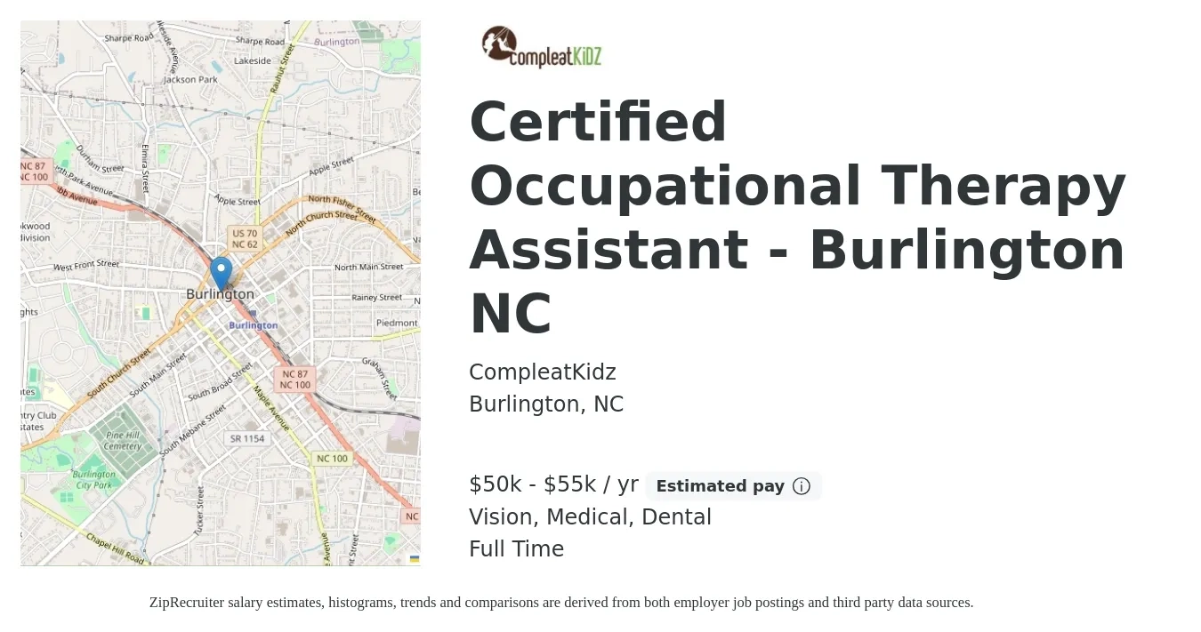 CompleatKidz job posting for a Certified Occupational Therapy Assistant - Burlington NC in Burlington, NC with a salary of $50,000 to $55,000 Yearly and benefits including pto, retirement, vision, dental, life_insurance, and medical with a map of Burlington location.