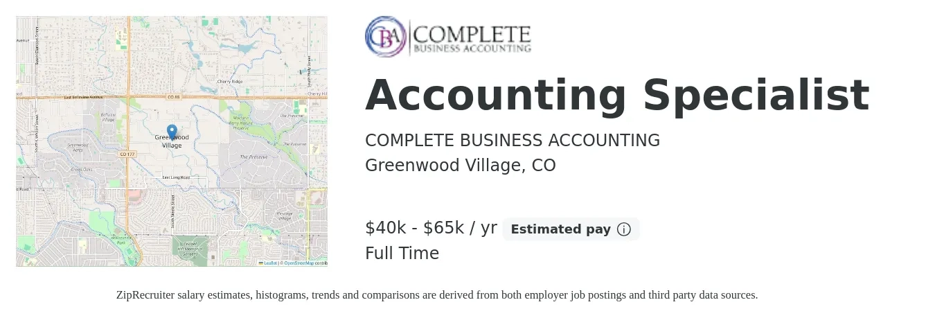 COMPLETE BUSINESS ACCOUNTING job posting for a Accounting Specialist in Greenwood Village, CO with a salary of $40,000 to $65,000 Yearly with a map of Greenwood Village location.