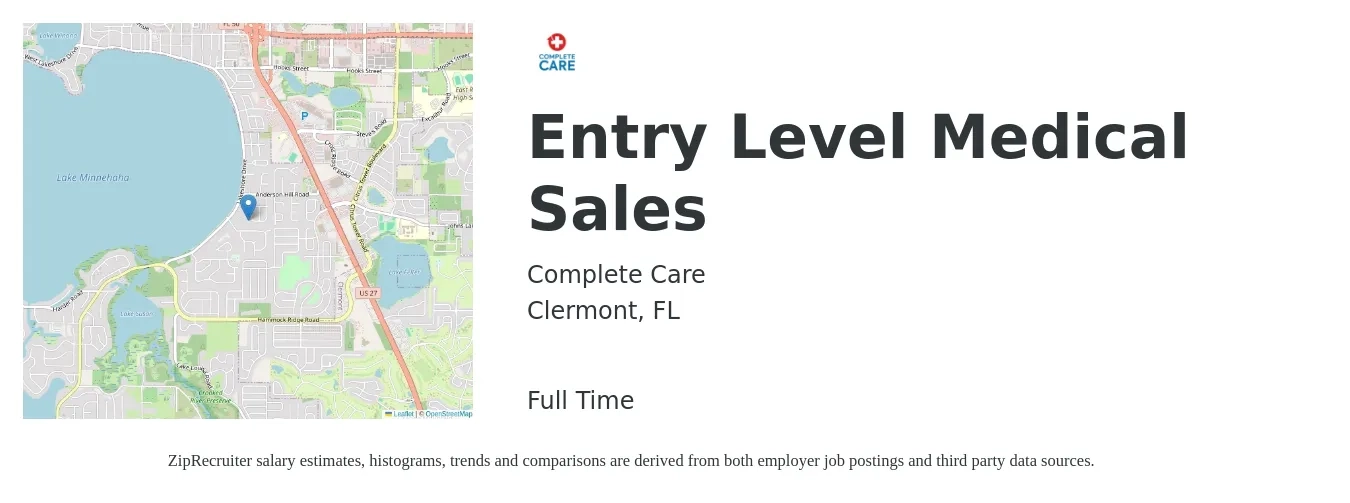 Complete Care job posting for a Entry Level Medical Sales in Clermont, FL with a salary of $47,300 to $66,900 Yearly with a map of Clermont location.