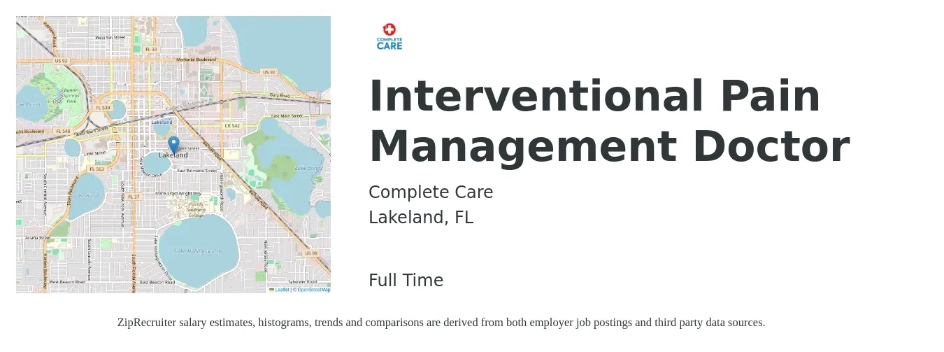 Complete Care job posting for a Interventional Pain Management Doctor in Lakeland, FL with a salary of $255,400 to $370,200 Yearly with a map of Lakeland location.