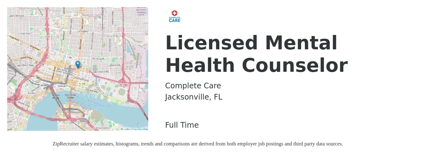 Complete Care job posting for a Licensed Mental Health Counselor in Jacksonville, FL with a salary of $54,300 to $81,600 Yearly with a map of Jacksonville location.
