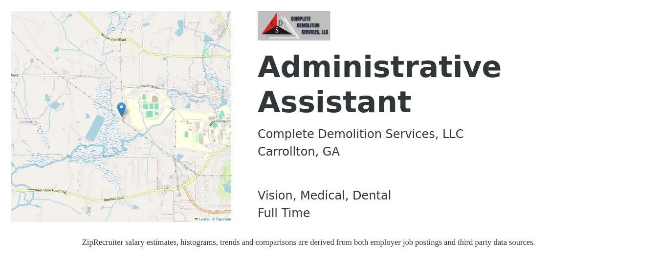 Complete Demolition Services, LLC job posting for a Administrative Assistant in Carrollton, GA with a salary of $17 to $22 Hourly and benefits including life_insurance, medical, vision, and dental with a map of Carrollton location.