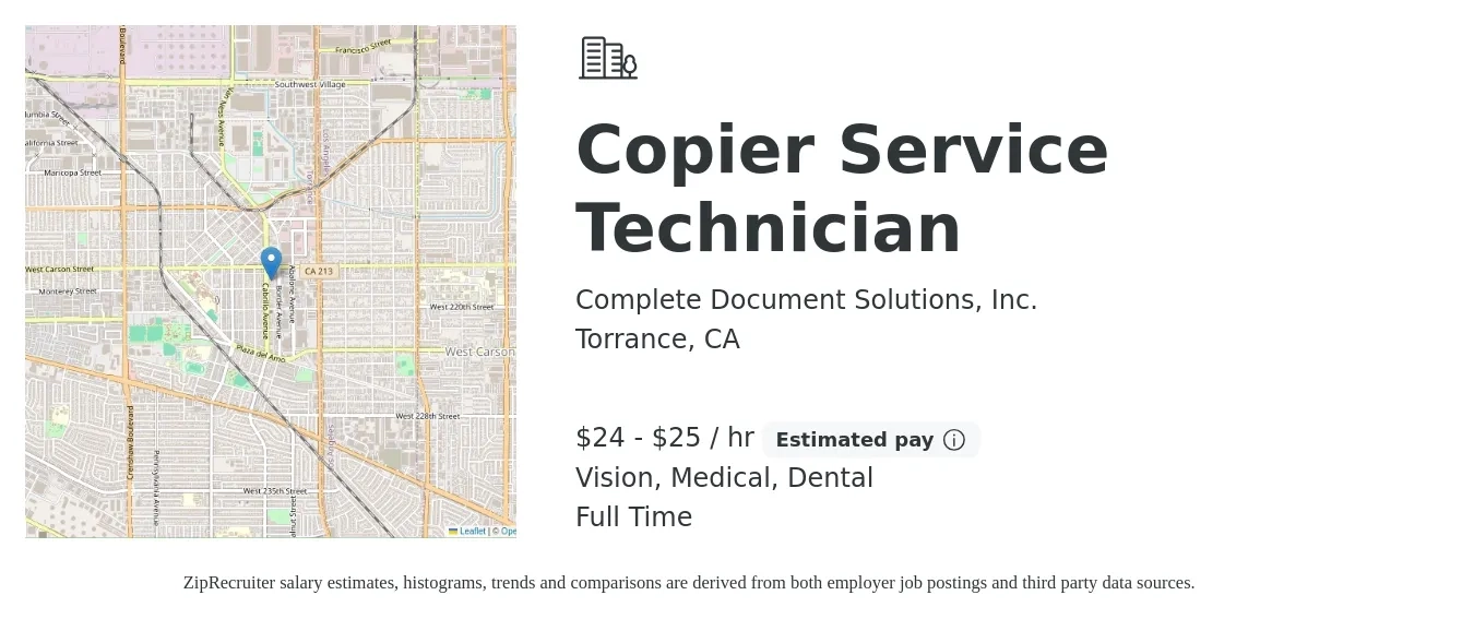 Complete Document Solutions, Inc. job posting for a Copier Service Technician in Torrance, CA with a salary of $25 to $27 Hourly and benefits including retirement, vision, dental, and medical with a map of Torrance location.