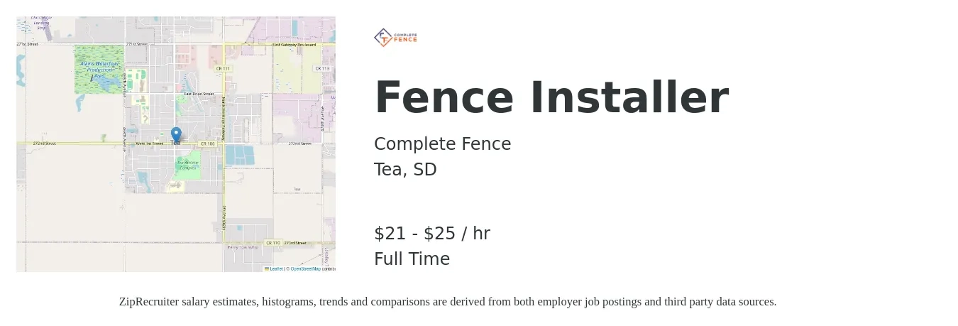 Complete Fence job posting for a Fence Installer in Tea, SD with a salary of $22 to $27 Hourly with a map of Tea location.