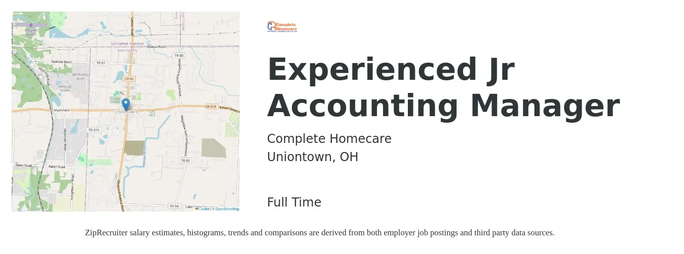 Complete Homecare job posting for a Experienced Jr Accounting Manager in Uniontown, OH with a salary of $63,300 to $91,000 Yearly with a map of Uniontown location.