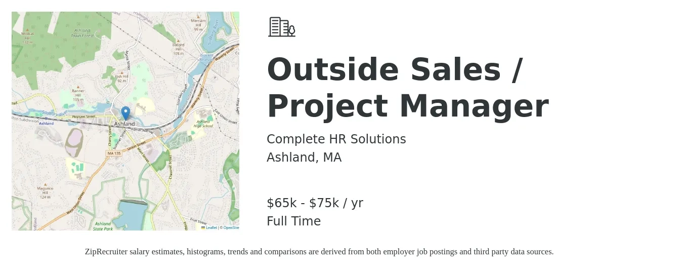 Complete HR Solutions job posting for a Outside Sales / Project Manager in Ashland, MA with a salary of $65,000 to $75,000 Yearly with a map of Ashland location.