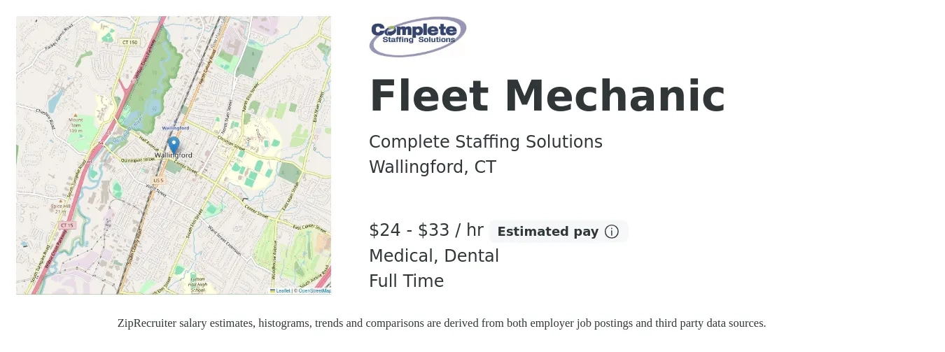 Complete Staffing Solutions job posting for a Fleet Mechanic in Wallingford, CT with a salary of $25 to $35 Hourly and benefits including life_insurance, medical, pto, retirement, and dental with a map of Wallingford location.