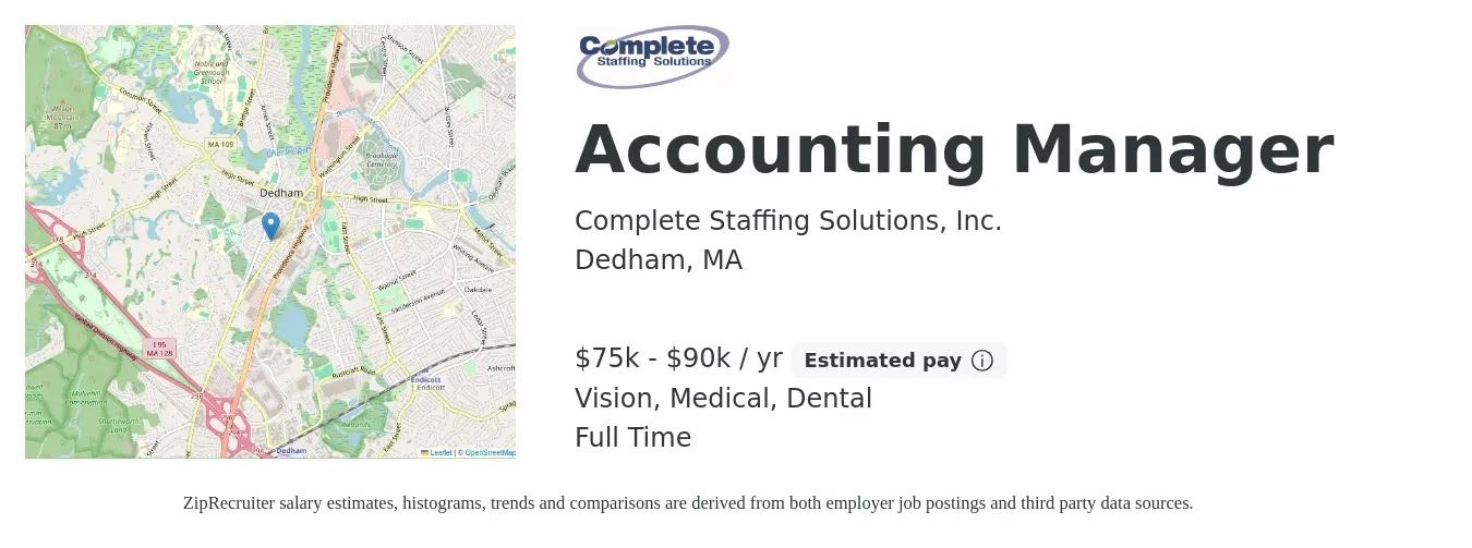 Complete Staffing Solutions, Inc. job posting for a Accounting Manager in Dedham, MA with a salary of $75,000 to $90,000 Yearly and benefits including medical, retirement, vision, and dental with a map of Dedham location.