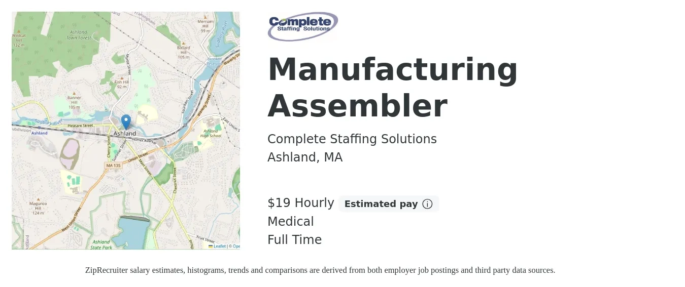 Complete Staffing Solutions job posting for a Manufacturing Assembler in Ashland, MA with a salary of $20 Hourly and benefits including medical with a map of Ashland location.