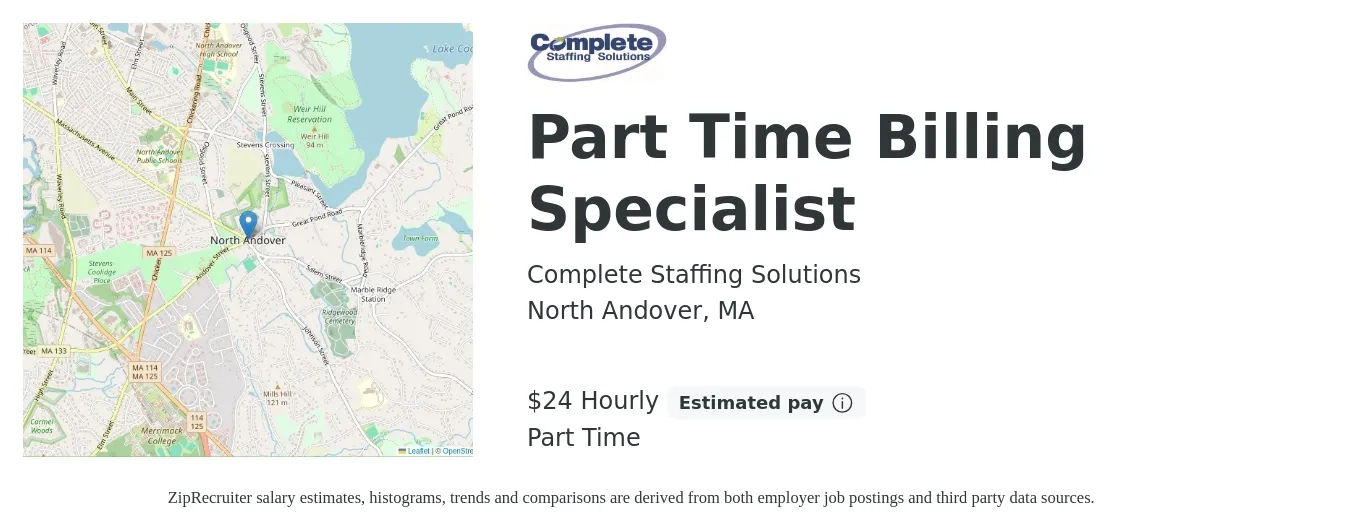 Complete Staffing Solutions job posting for a Part Time Billing Specialist in North Andover, MA with a salary of $25 Hourly with a map of North Andover location.
